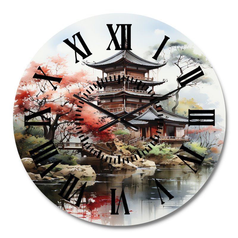Asian Art Serene Pagoda IV - Horloge murale asiatique, Médium