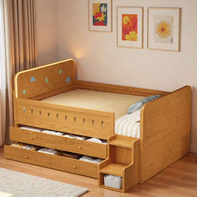 Lit en bois avec éclairage à DEL, 4 tiroirs et escalier de rangement