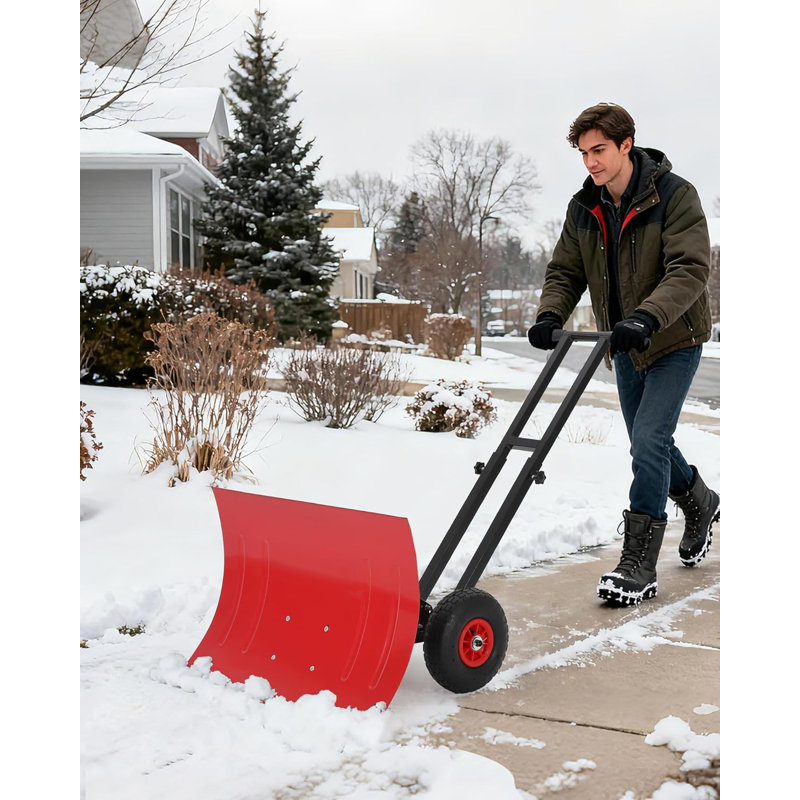Heavy Duty Snow Shovel with Wheels,Steel Dual Handle Push Snow Pusher Shovel for Driveway Snow Removal, 5-Position Angle & Height Adjustable Handle, Sidewalk Yard Snow Plow