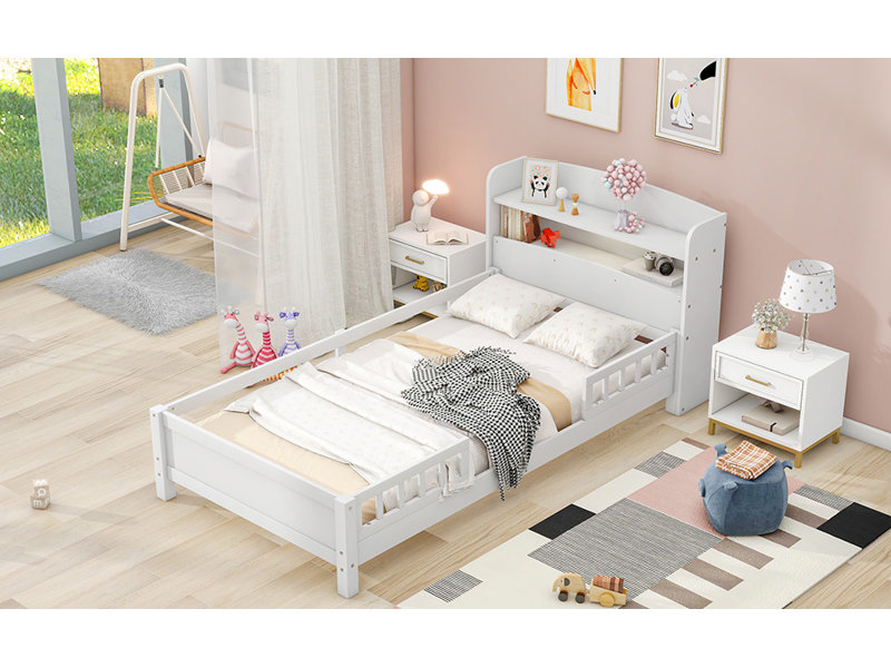 Lit plateforme en bois avec éclairage à DEL intégré, tête de lit à rangement et garde-corps, Blanc, Lit simple