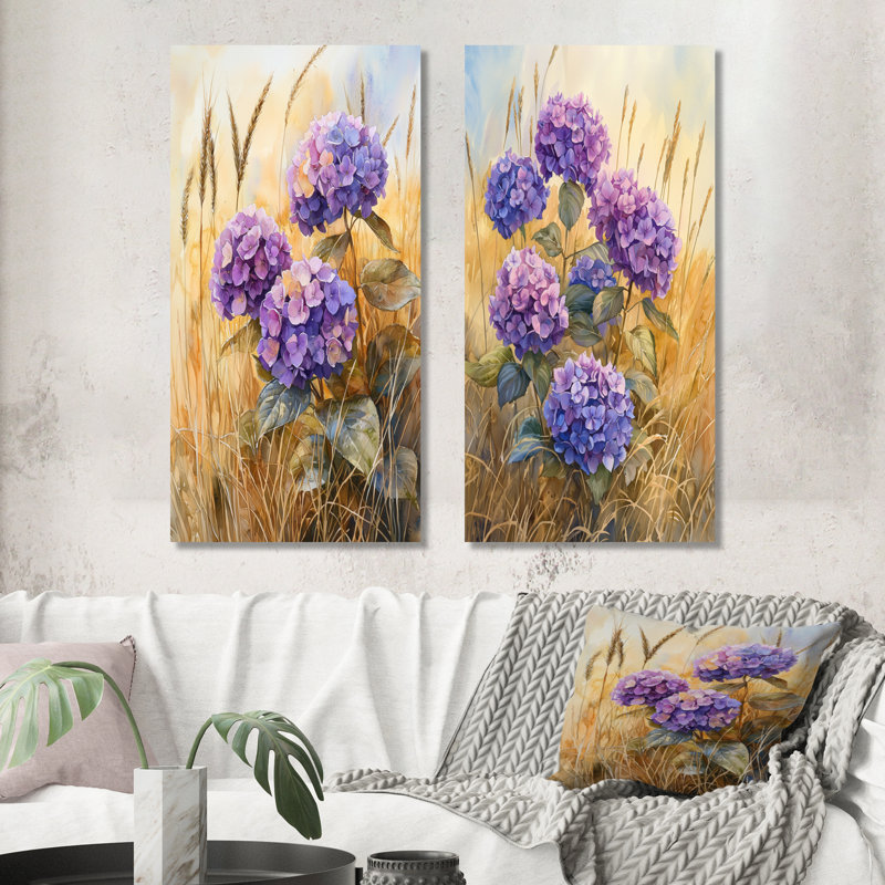 Hydrangeas In A Golden Field I - Floral Canvas Prints 2 Panels Collection, 28" H x 25" W, Wrapped Canvas