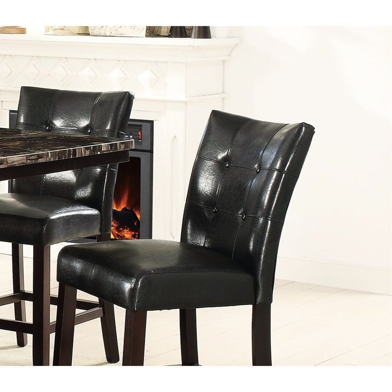 2 chaises de salle à manger à hauteur de comptoir, dossier en similicuir noir, assise à coussin, structure en bois, mobilier moderne, capitonnage, fabrication de la structure
