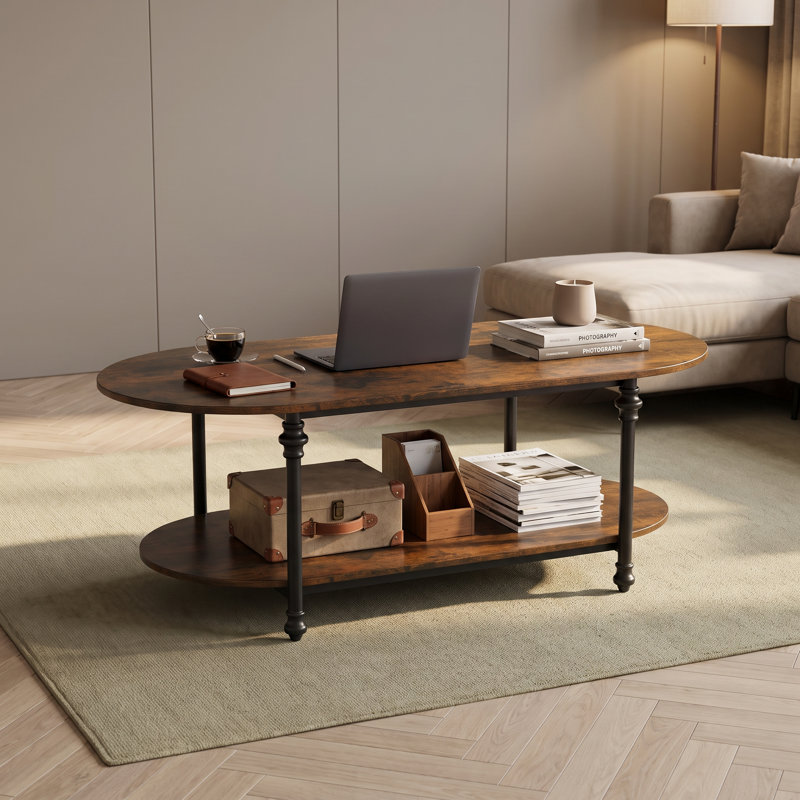 Oval 2-Tier Coffee Table with Rustic Wood Finish & Metal Legs, Vintage-Modern Center Table for Living Room