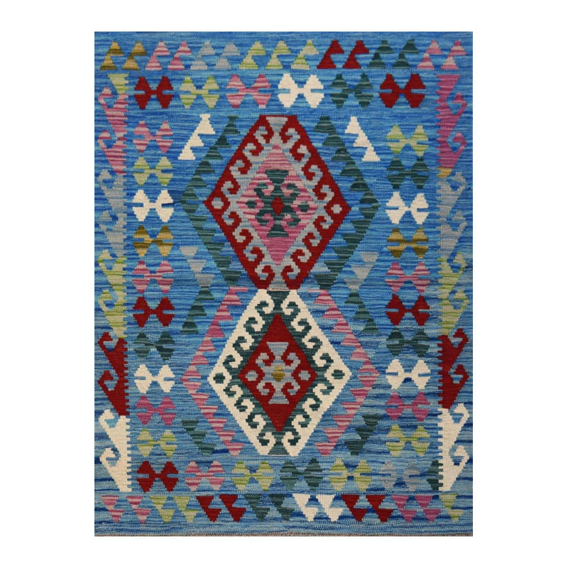 Tapis décoratif à motif géométrique à motif géométrique bleu lavable à la machine, Tapis de couloir 3 pi 3 po x 6 pi 7 po