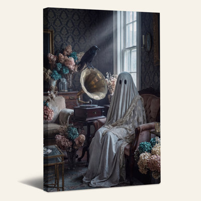 Fantôme et corbeau sur gramophone dans une pièce vintage - Toile murale d'Halloween