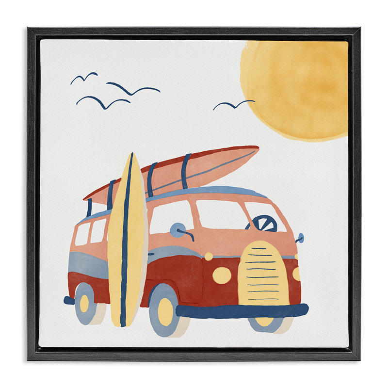 «Summer Surf Bus», art mural encadré flottant par Carrie Cantwell, Cadre flottant noir de jais, H 18 po x l 18 po