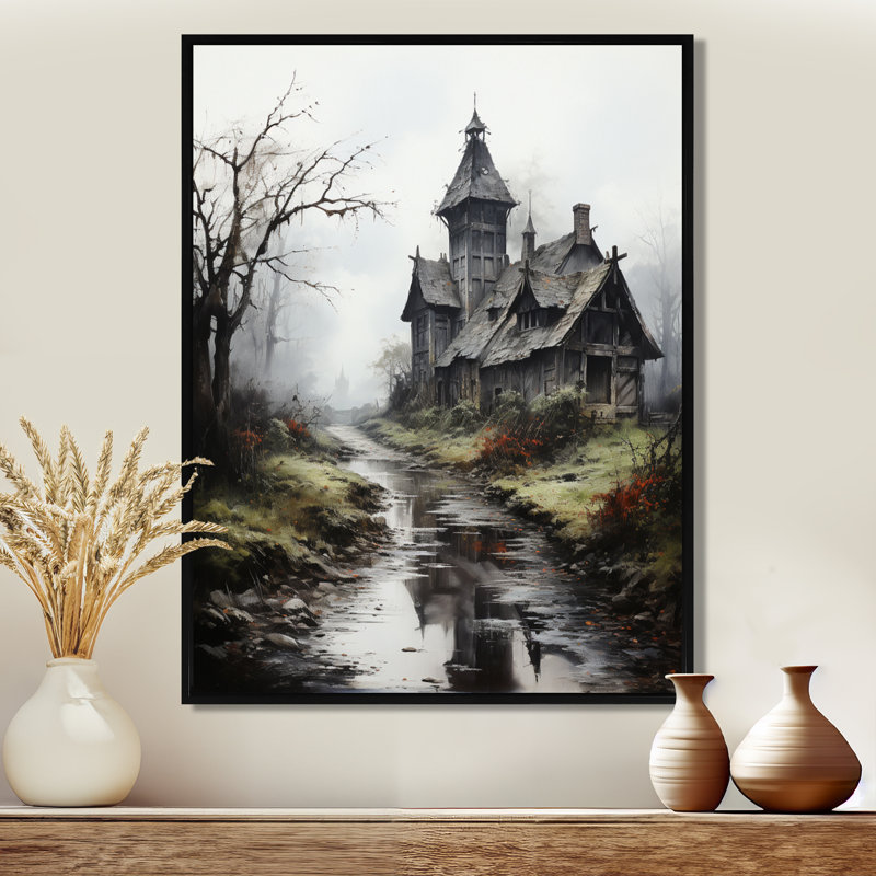 Maison hantée dans un paysage mystique, Cadre flottant noir, H 20 po x l 12 po