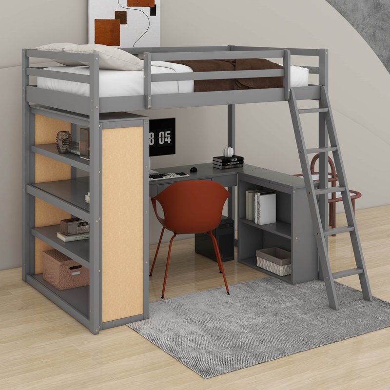 Lit mezzanine double avec tablettes et bureau