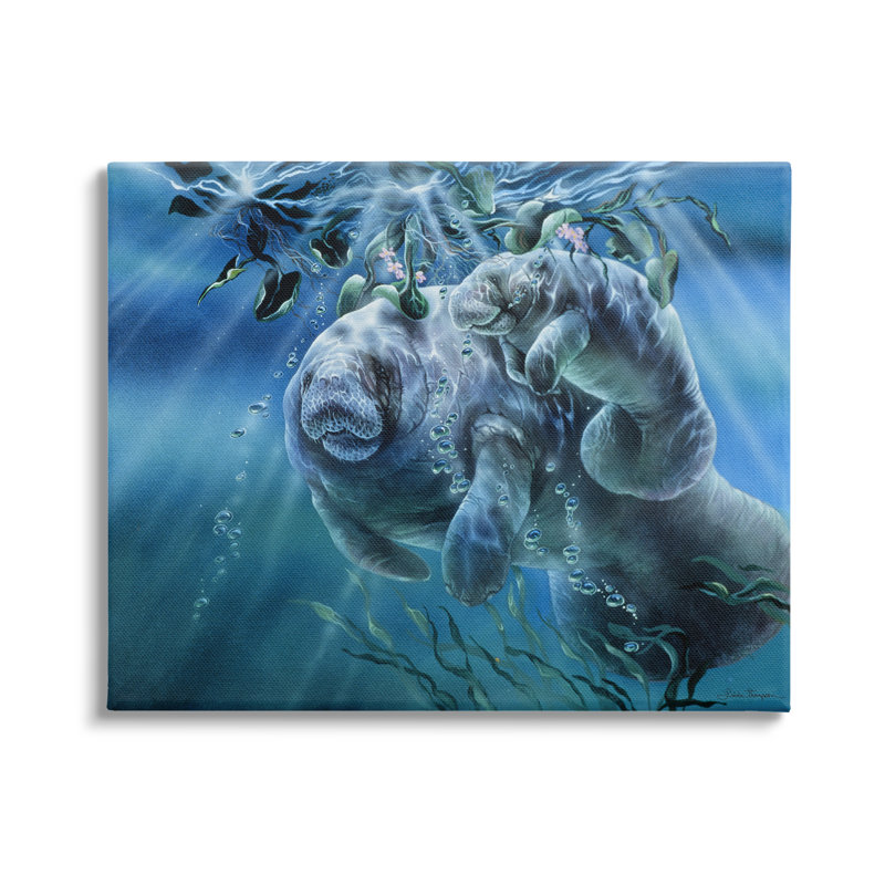 «Au-512-Canvas Manatees Underwater Sun Rays On Canvas» par Linda Thompson, peinture, H 24 po x l 30 po x P 1,5 po