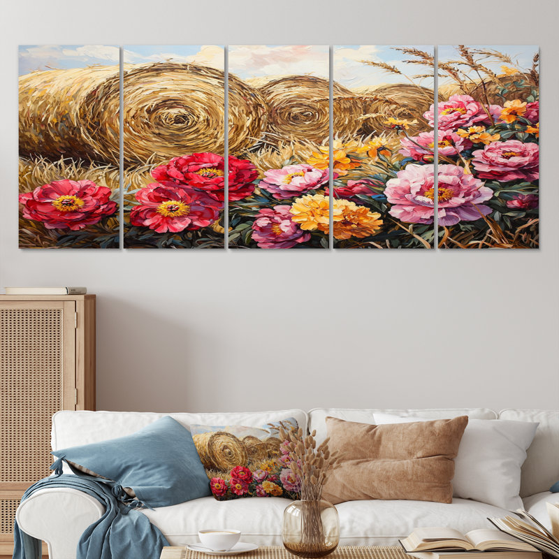 Provaire - pivoines - art mural traditionnel 5 pièces, H 28 po x l 60 po