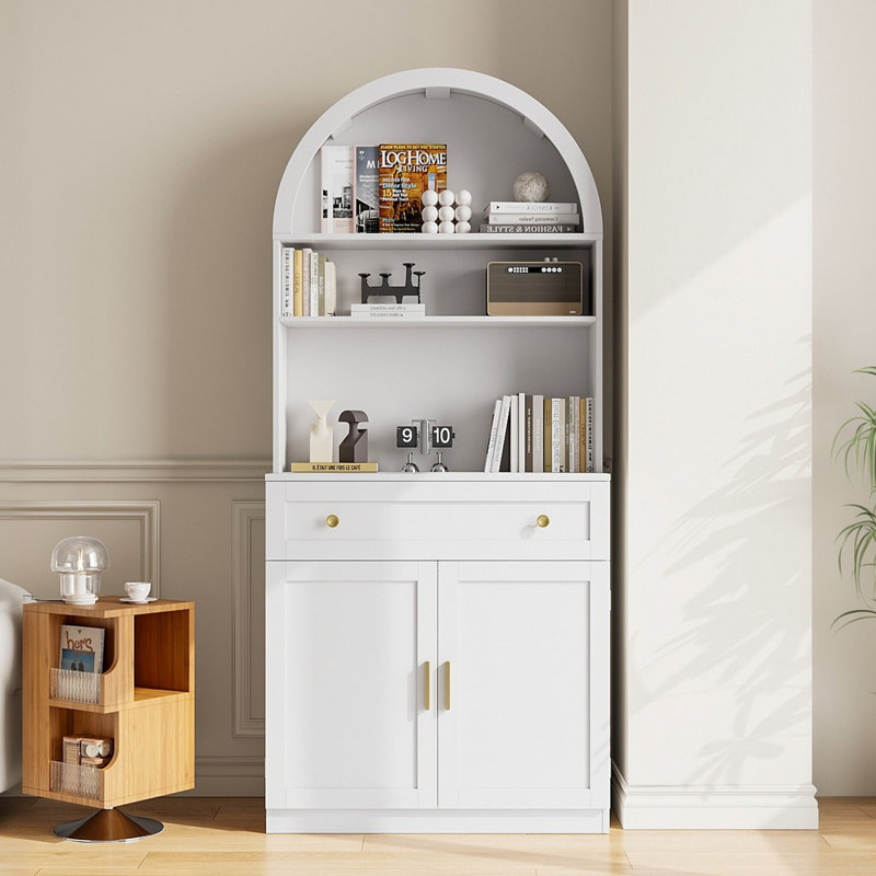 71" Arched Display Cabinet Bookcase, Storage Display Bookcase With Open Shelves And Cabinet, White