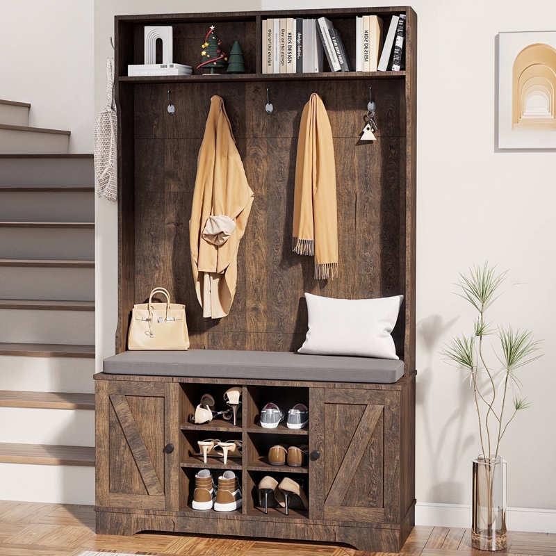 Hall Tree with Cushion and Open Shoe Cabinet,  4-In-1 Coat Rack with Storage Bench, Coat Hanger and Adjustable Shelves, 71" Height Hall Tree for Hallway, Living Room