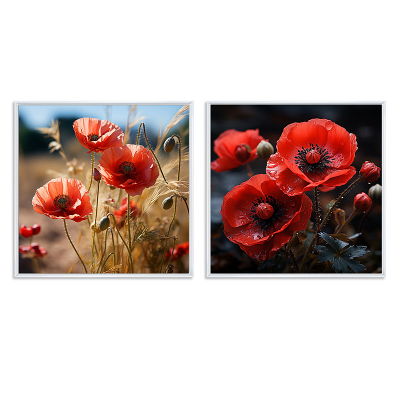 Red Whispers Of Poppies Dream - ensemble de 2 collages carrés coquelicots, Cadre flottant blanc, H 30 po x l 61 po