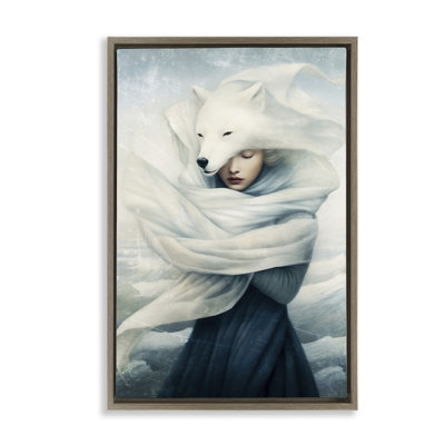Wolf Swathed Woman Framed Floater Canvas by Paula Belle Flores
