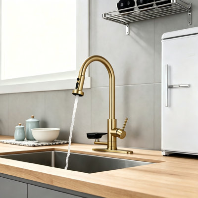 Brushed Gold High-Arc Kitchen Faucet, Three-In-One Multi-Functional, Pull-Out Three-Speed Water Flow, Suitable For Both Single-Hole And Three-Hole Countertops.