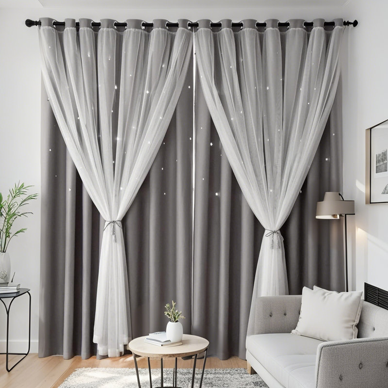 Rideaux occultants à 1 panneau pour chambre d'enfant dans le salon avec double couche de décoration à découpes, Gris