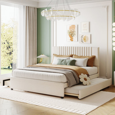 Grand lit tapissier avec 2 tiroirs et lit gigogne, mousse confortable, tête de lit classique, plateforme beige - tête de lit gigogne pour chambre à coucher