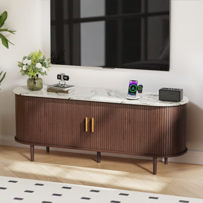 63" Fluted TV Stand With Power Outlet and Adjustable Shelves, Mid Century Modern TV Console, Sliding Doors Entertainment Center and Media Console for TVs 40" - 65"