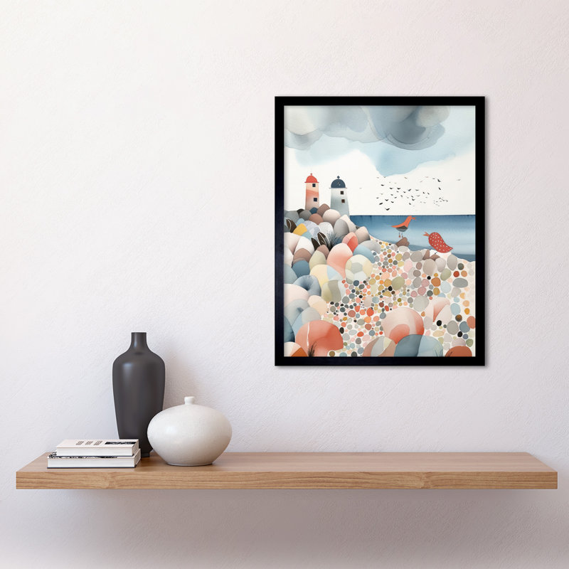 Lighthouses On Multicoloured Pebble Beach Watercolour Painting Art Print Framed Poster Wall Decor 12x16 inch