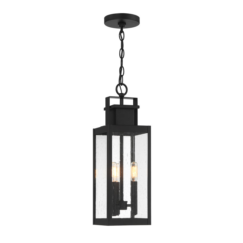 Matte Black 3-Light Outdoor Hanging Lantern with Clear Seeded Glass