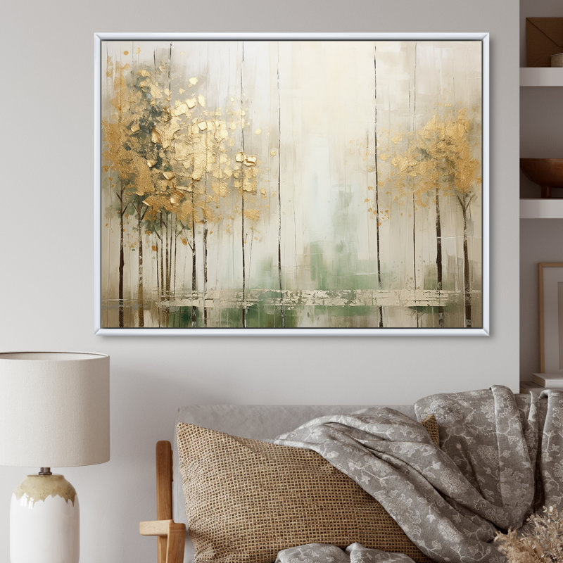 «Minimalisme beige et forêt dorée II», reproduction d'art sur toile, H 30 po x l 40 po x P 1,5 po, Cadre flottant blanc