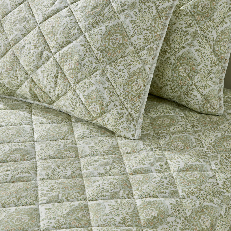 Full Green Floral Reversible Quilt Set with Shams