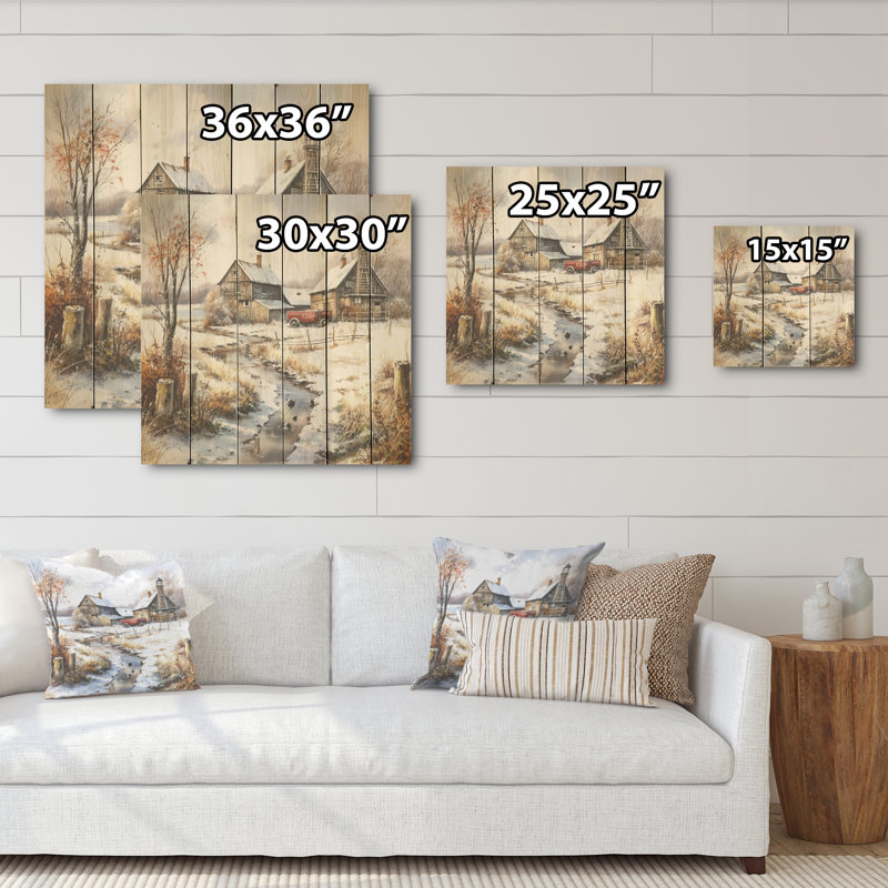 «Countryside Winter Farm Fusion - Art mural en bois de ferme sur bois de pin naturel, H 15 po x l 15 po