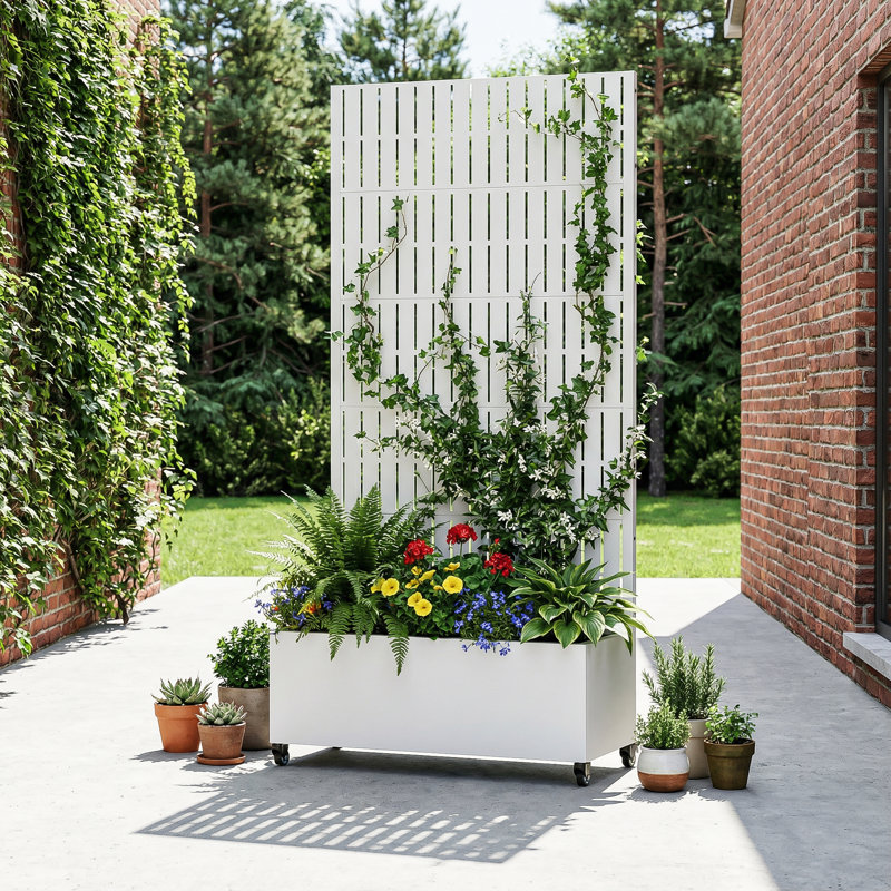 Boîte à fleurs en métal avec treillis et roues, H 72 po x l 35 po x P 16 po, Blanc, 1