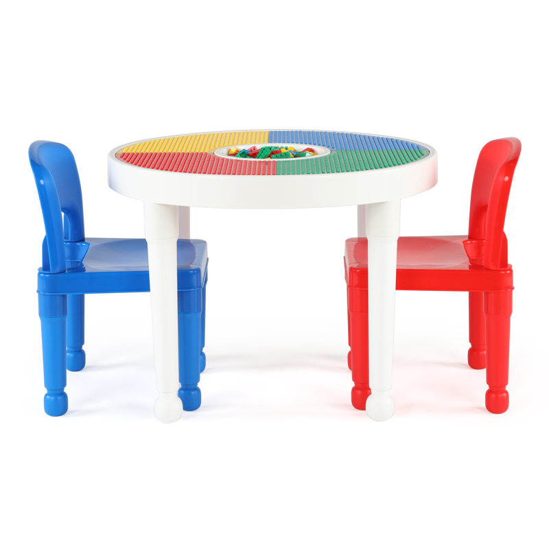 Kids 3 Piece Round Play Or Activity Table and Chair Set, Blue/White