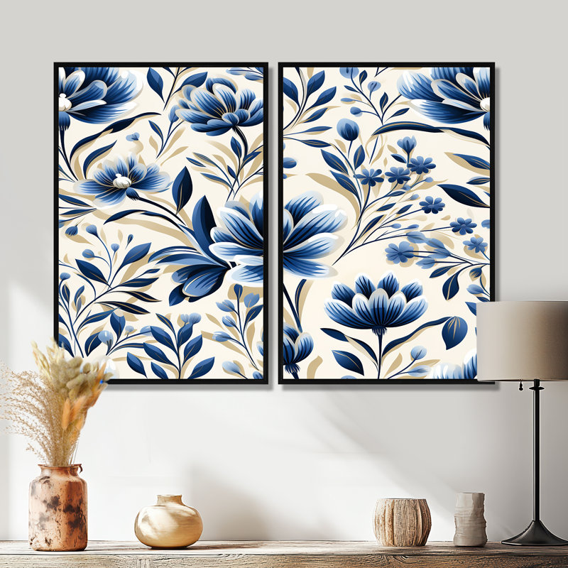 Grandes fleurs bleues et blanches damassées, H 36 po x l 48 po, Impression encadrée flottante, Noir
