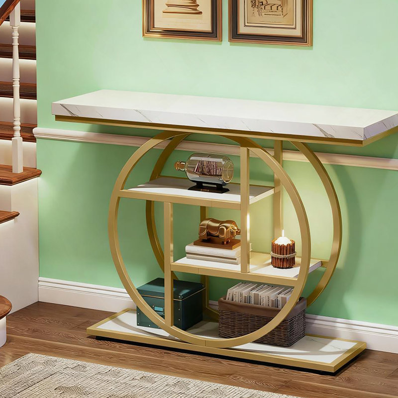 Console étroite de 41,3 pouces avec base circulaire, élégants détails blancs et dorés pour un décor industriel moderne