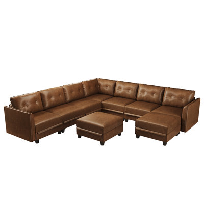 Modular Sectional Sofa With Storage, Modern Brown Faux Leather, Reversible Chaise, U Shaped Couch For Living Room, Waterproof & Easy Clean, 8 Seats With 1 Ottomans
