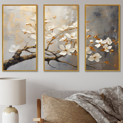 Arbre floral doré et gris sérénité - oiseau, art mural