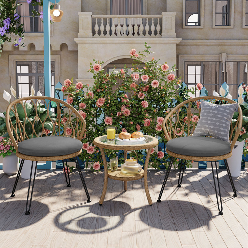 Lidio avec 2 chaises en rotin et table ronde en verre, Gris