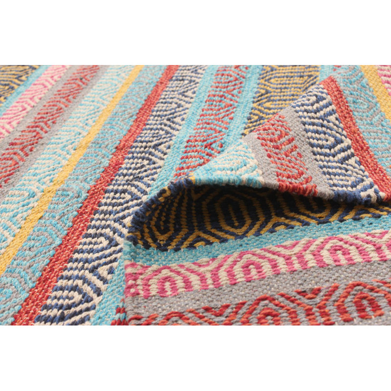 Tapis géométrique en laine fabriqué à la main brun / rose / bleu