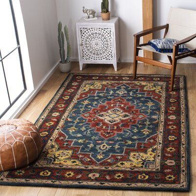 Downe Oriental Handmade Tufted Cotton/Wool Blue/Red/Gold Area Rug -  Bungalow Rose, 40BED6A5890848D38A282FACAD70DB34