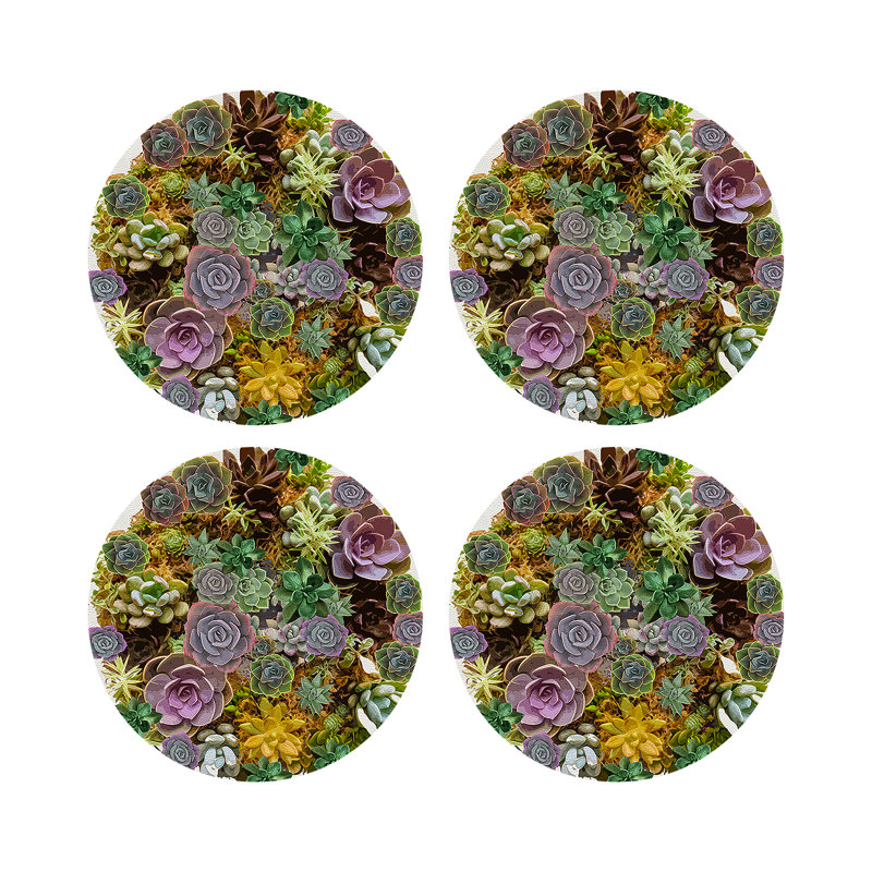 Succulents Vegan Leather Round Pebble Placemat, White