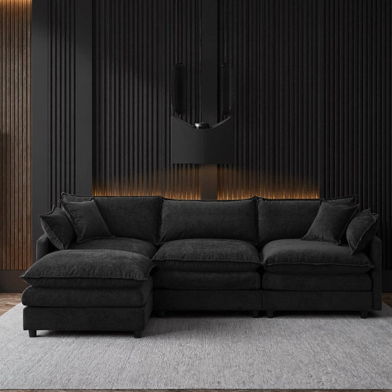 105" Modular L-Shape Sectional with Ottoman, Soft Chenille Fabric, 3-Seat, Black