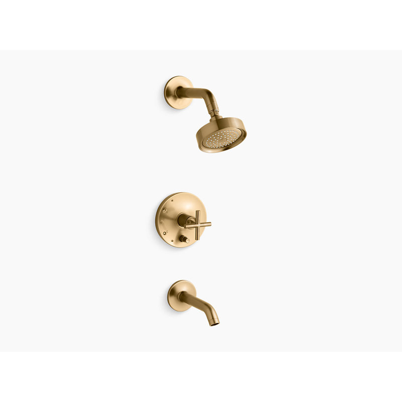 Purist Pressure-Balancing Thermostatic Tub and Shower Faucet, Vibrant Moderne Brushed Gold, Cross Handle, 2.5 GPM