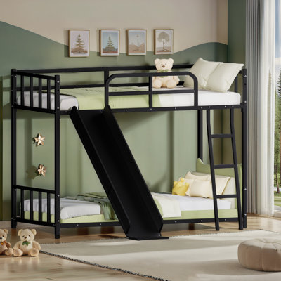 Lit superposé noir en métal, glissade et rangement, peu encombrant pour les pièces compactes, barrières de sécurité sans processus d'assemblage en métal noir, motif d'installation, chambres à coucher, sommeil sécuritaire, simple
