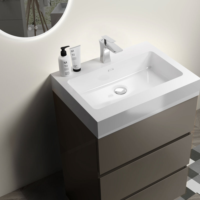 Meuble-lavabo de salle de bain de couleur grise, spacieux, silencieux, meubles de 24 po, conception ergonomique, Gris, Blanc