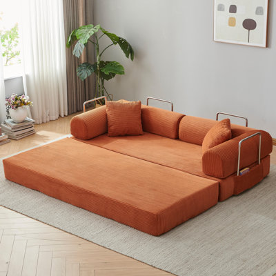 78.8" Corduroy Futon Sofa Bed, King-Size Convertible Couch Bed Floor Futon Bed with 2 Pillows and Fixed Frame, Orange