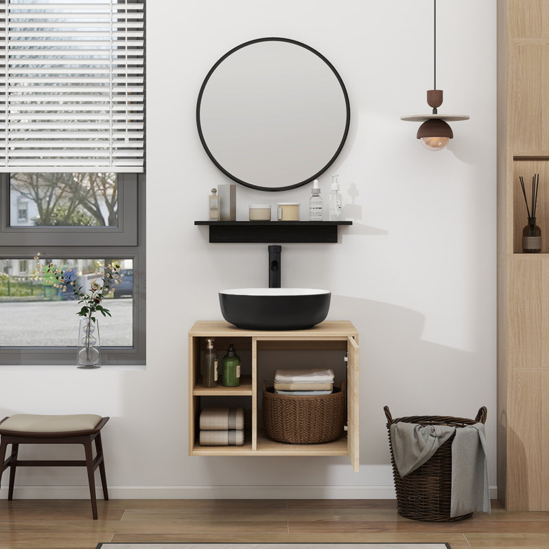Ensemble de meuble-lavabo simple mural 24 po avec miroir Bitha, Noir / blanc