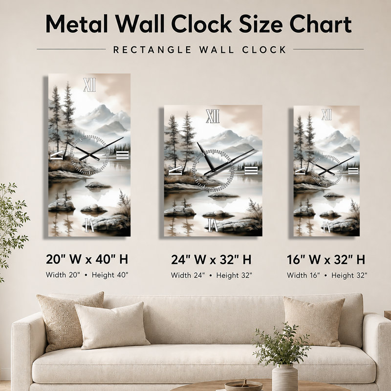 Reflets des sommets montagneux d'été calme II - Horloge murale rustique en métal silencieux, H 32 po x l 24 po - Rectangle