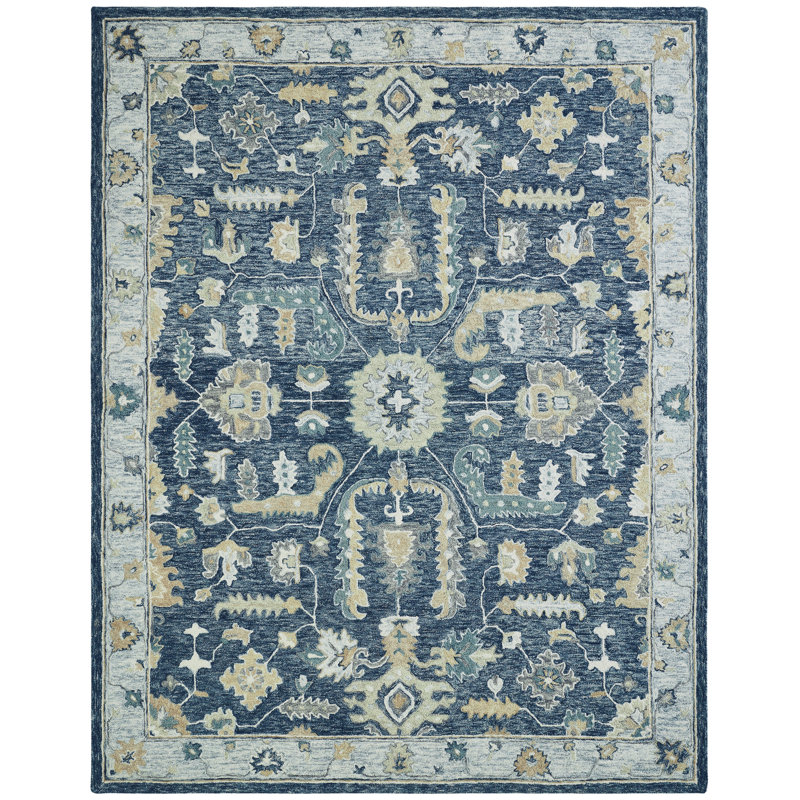 Sundara Botanique Indigo Crest Wool Hand-Tufted Area Rug, Rectangle 9'6" x 13'6"