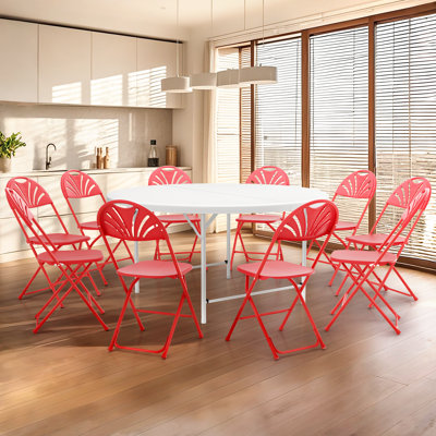 Laesha Plastic Bi-Fold Round Dining Table with 10Pcs Foldable Chairs Set for Indoor and Outdoor Use