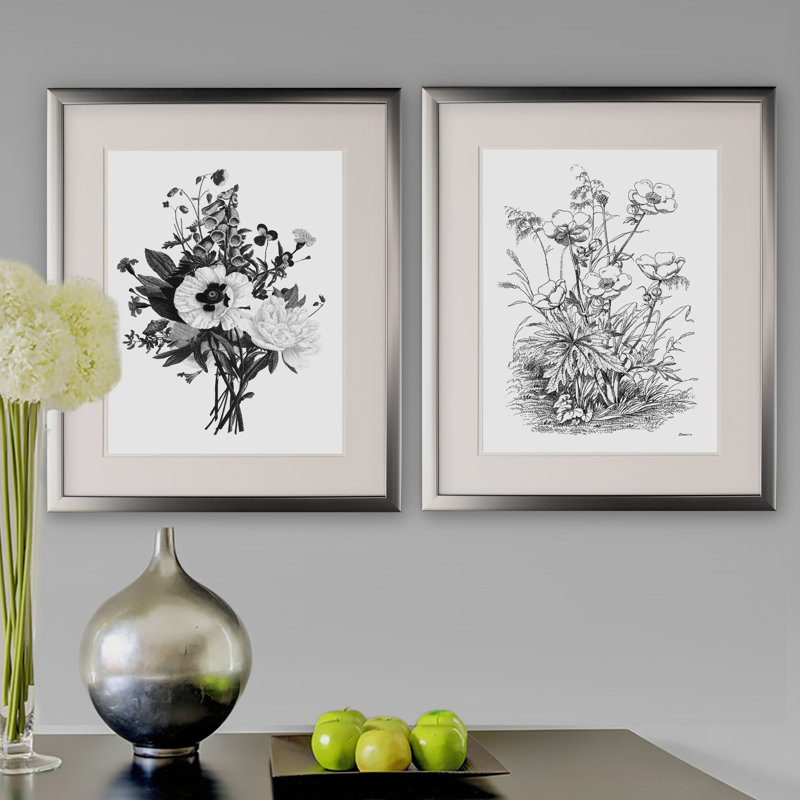 «Botanical Black and White II», ensemble de 2 reproductions de dessins encadrés, Cadre argenté