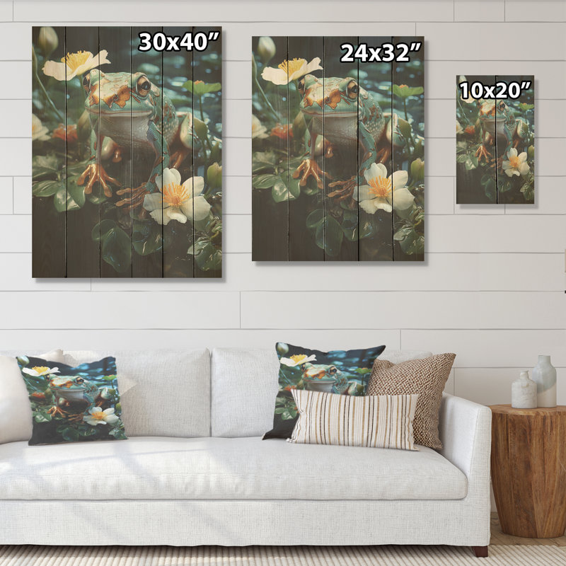 «Green Frog On Glass Effect I», art mural sur bois de pin naturel, grenouilles et crapauds, H 40 po x l 30 po
