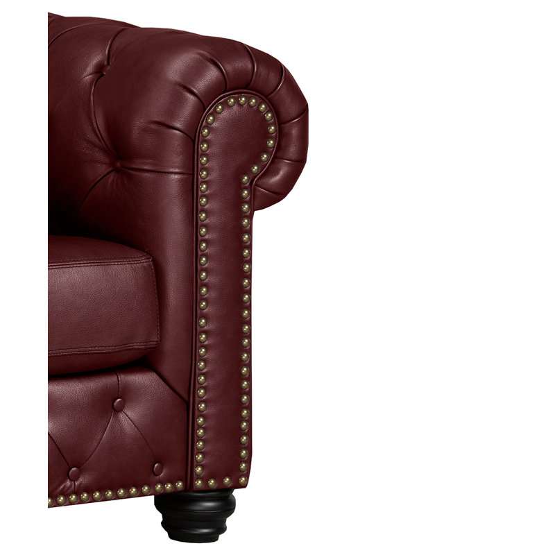 Orner 93" Leather Rolled Arm Chesterfield Sofa, Cherry Leather Match