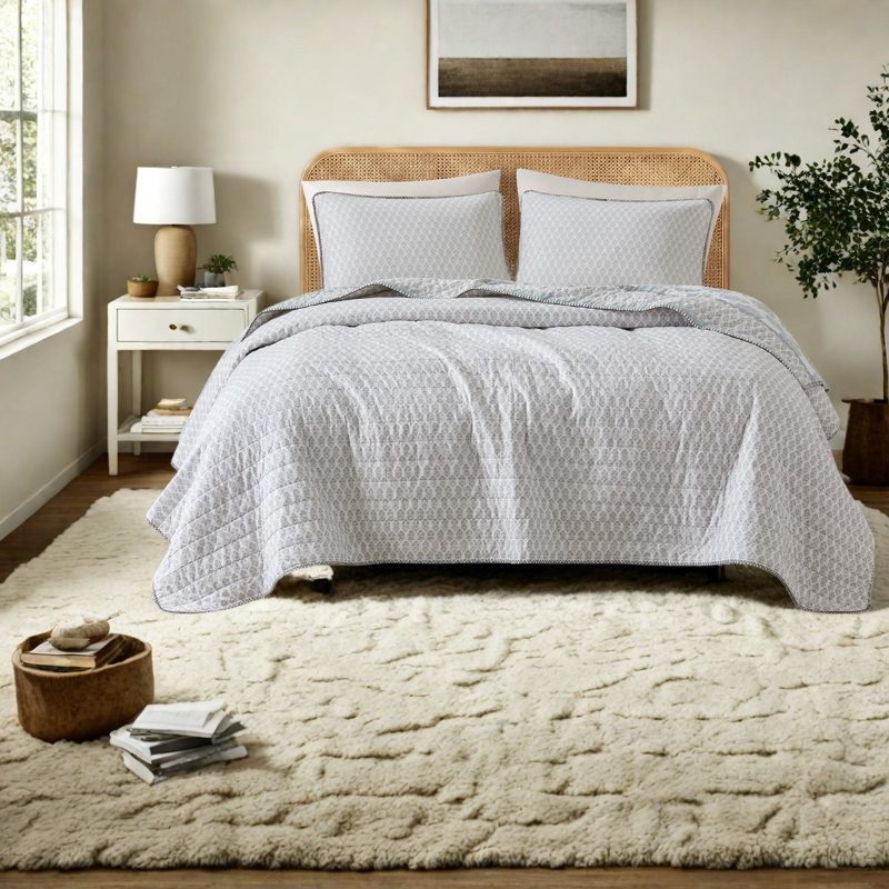 -Piece Aqua Cotton King Cal King Bedding Sets, Reversible Quilt